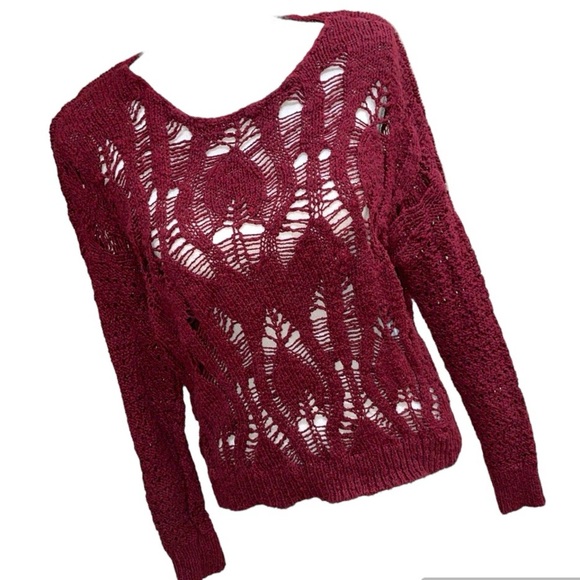 American Eagle Open Weave Crochet Sweater Burgundy Red Cranberry Size Large - Picture 8 of 13